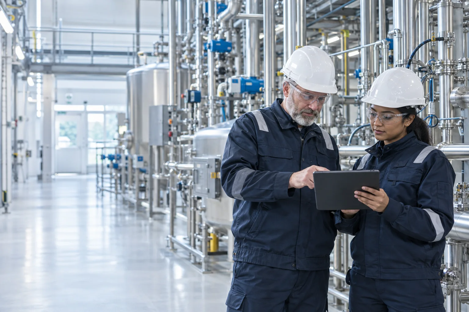 Two engineers reviewing commissioning and assurance information in a pharmaceutical process facility
